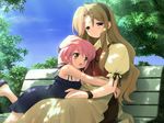  bed bench blonde_hair blue_eyes blush character_request child dappled_sunlight day dress game_cg gayarou hand_on_another's_head hug kousaka_maria long_hair multiple_girls nature outdoors pink_hair short_hair sitting sky smile suigetsu sunlight wristband yellow_eyes 