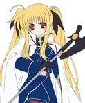  angry bardiche blonde_hair cape fate_testarossa long_hair lyrical_nanoha mahou_shoujo_lyrical_nanoha red_eyes solo takenaka_hisato twintails very_long_hair wand 