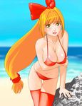  beach bikini bow copyright_request day francine_(daijaemon) hair_bow lipstick makeup outdoors solo swimsuit thighhighs 