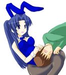  1girl animal_ears asakura_ryouko blue_hair bunny_ears bunnysuit kyon mimikaki pantyhose ponytail suzumiya_haruhi_no_yuuutsu yukimura13 