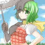  alternate_costume breasts cloud day dress green_eyes green_hair hand_on_hip kazami_yuuka lowres medium_breasts parasol plaid plaid_dress scarf short_hair solo sundress tajima_yuuki touhou umbrella 