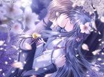  1girl blue_hair cherry_blossoms closed_eyes couple flower game_cg grey_hair hair_flower hair_ornament hetero hug izumo izumo_2 japanese_clothes kiss long_hair miko non-web_source petals sakuya_(izumo) watermark yagi_takeru yamamoto_kazue 