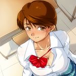  blush bow breasts brown_eyes brown_hair chair cleavage hairu large_breasts lowres solo super_real_mahjong sweat toono_mizuki 