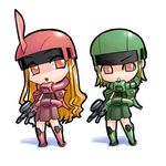  blonde_hair ekkusu_kyuuzu gun gundam long_hair machine_gun mecha_musume mobile_suit_gundam multiple_girls short_hair weapon zaku zaku_ii zaku_ii_f/j zaku_ii_s_char_custom 