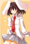  animal_ears brown_eyes brown_hair bunny_ears cosplay inaba_tewi necktie red_neckwear reisen_udongein_inaba reisen_udongein_inaba_(cosplay) shirogane_(platinum) short_hair skirt sleeves_past_wrists solo touhou 