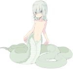  1girl breasts female green_hair lamia ls-lrtha monster_girl navel nipples original simple_background small_breasts solo topless white_background 