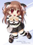  animal_ears bell blush brown_hair cat_ears copyright_request jingle_bell long_hair natsuhime_yuran red_eyes skirt solo striped striped_legwear thighhighs 