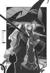  blush broom brynhild_schild cat gloves greyscale hat highres long_hair monochrome official_art owari_no_chronicle satoyasu solo very_long_hair witch_hat wizard 