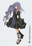  azuma_mayumi black_dress blue_hair boots choker dress elemental_gelade expressionless full_body green_eyes hair_ribbon hairband highres long_hair long_sleeves reverie_metherlence ribbon ribbon_choker scan solo 