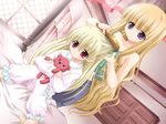  blonde_hair friends_(game) game_cg hair_brush hair_brushing jpeg_artifacts misooden multiple_girls pajamas stuffed_animal stuffed_toy 