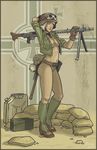  arms_up belt blonde_hair blue_eyes boots breasts cleavage gas_can goggles green_footwear gun helmet iron_cross jerry_can jesse_mcgibney machine_gun medium_breasts mg34 military no_bra open_clothes open_shirt original shirt short_hair sleeves_rolled_up solo stahlhelm weapon world_war_ii 