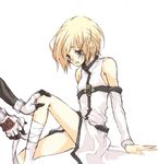  artist_request bandaged_leg bandages blonde_hair blue_eyes buckle detached_sleeves guilty_gear ky_kiske long_sleeves lowres male_focus order-sol simple_background sitting sol_badguy solo_focus tunic white_background 