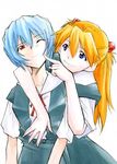  ayanami_rei blue_eyes blue_hair kimigabuchi long_hair lowres multiple_girls neon_genesis_evangelion one_eye_closed orange_hair poking red_eyes school_uniform short_hair smile souryuu_asuka_langley 