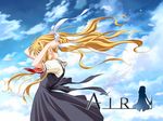  adjusting_hair air arms_up black_dress blonde_hair blue_sky cloud cloudy_sky copyright_name covered_eyes day dress feathers feet_out_of_frame floating_hair from_side hair_ribbon hair_undone hands_up head_down kamio_misuzu kobayashi_akemi logo long_hair necktie parted_lips pinafore_dress puffy_short_sleeves puffy_sleeves red_neckwear ribbon school_uniform short_sleeves sidelocks sky solo standing tying_hair untying very_long_hair wallpaper white_ribbon wind 