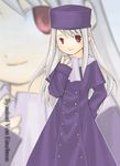  buttons double-breasted dress fate/stay_night fate_(series) foreshortening hand_in_pocket hat illyasviel_von_einzbern line_miyako long_sleeves looking_at_viewer purple_dress purple_hat red_eyes silver_hair solo zoom_layer 