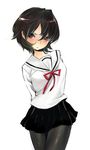  arms_behind_back black_eyes black_hair blush copyright_request goshiki_suzu jpeg_artifacts pantyhose school_uniform short_hair skirt solo standing 