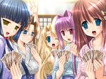  blush card game_cg glasses hair_intakes himemiya_eiko holding holding_card honoo_no_haramase_tenkousei japanese_clothes kimono mikihara_satomi minase_sayaka miyasu_risa multiple_girls one_eye_closed playing_games smile yuzuki_hotaru 