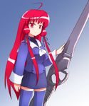  ahoge blue_legwear gun gunner's_broom himuro_akari huge_weapon long_hair miniskirt night_wizard pencil_skirt red_eyes red_hair school_uniform sidelocks skirt thighhighs weapon yn1982 zettai_ryouiki 