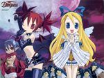  2girls bracelet disgaea earrings elbow_gloves etna flat_chest flonne gloves jewelry kano_akira laharl makai_senki_disgaea multiple_girls non-web_source official_art pointy_ears prinny red_shorts ribbon shorts tail thighhighs twintails white_bloomers wings 
