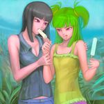  bad_anatomy beatmania food green_hair hinazuki_ririna hishimiya_tsugaru ice_cream multiple_girls red_eyes yuri 