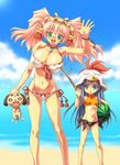  beach bikini blue_eyes blue_hair bracelet breast_poke breasts day dog food fruit glasses green_eyes hat highres holding holding_food holding_fruit huge_breasts jewelry long_hair long_legs multiple_girls ngo open_mouth original outdoors pink_hair poking puppy side-tie_bikini suikawari swimsuit twintails watermelon waving 