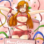  95-tan :d blush box christmas closed_eyes dd_(ijigendd) eyebrows_visible_through_hair gift gift_box long_hair naked_ribbon navel open_mouth orange_hair os-tan outstretched_arms ribbon smile solo spread_arms 