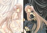  angel_wings back bare_shoulders bat_wings black_legwear black_vs_white blonde_hair brown_eyes brown_hair chii chobits clamp curtains elda freya_(chobits) frills gothic_lolita holding_hands lolita_fashion long_hair looking_at_viewer multiple_girls official_art polar_opposites scan scan_artifacts siblings sisters sitting symmetry tattoo thighhighs very_long_hair white_legwear wide_sleeves wings 