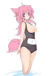  animal_ears black_school_swimsuit breasts copyright_request large_breasts name_tag one-piece_swimsuit pink_hair school_swimsuit shijou_sadafumi solo swimsuit tail 