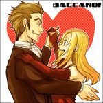  1girl artist_request baccano! couple dancing elbow_gloves eye_contact gloves hetero isaac_dian looking_at_another lowres miria_harvent smile 