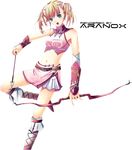  aranox artist_request blonde_hair bow_(weapon) copyright_request elf green_eyes midriff pointy_ears solo watermark weapon 