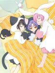  2girls animal animal_costume animal_ears artist_request barefoot black_cat blanket bunny_costume bunny_ears cat cat_costume cat_ears cat_tail closed_eyes from_above higuchi_kotarou lying misha_(pita_ten) multiple_girls nyaa-san official_art on_back on_side orange_eyes pajamas pillow pink_hair pita_ten purple_hair shia_(pita_ten) sleeping stuffed_animal stuffed_bunny stuffed_toy tail wings 