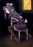  1girl back-seamed_legwear bdsm black_hair blue_eyes bondage bound chair f-ism hair_ribbon highres long_hair murakami_suigun on_chair original ribbon rope school_uniform seamed_legwear shibari sitting sitting_backwards solo thighhighs tiptoes 
