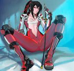  artist_request beatmania biker_clothes bikesuit black_hair boots breasts dj_sakura nipple_slip nipples red_eyes red_footwear small_breasts solo sword unzipped weapon 