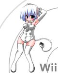  armpits arms_behind_head arms_up black_eyes blue_hair boots elbow_gloves game_console gloves kanijiru nintendo personification plug pointy_ears short_hair solo tail thigh_boots thighhighs white_hair white_legwear wii wii-tan 