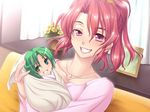  baby collarbone crossover day flower game_cg glint green_eyes green_hair grin headshop higurashi_no_naku_koro_ni holding holding_baby holding_person indoors looking_at_viewer multiple_girls niikura_akane plant ponytail potted_plant ribahara_aki ryoubo_-maternity_insult- smile sonozaki_mion third-party_edit uneven_eyes yellow_flower 
