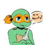  2019 anthro bandanna blue_eyes bottle dialogue english_text freckles holding_object inkyfrog male mask michelangelo_(tmnt) reptile scalie shell simple_background solo speech_bubble teenage_mutant_ninja_turtles text turtle water white_background 