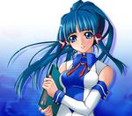  artist_request bangs blue_eyes blue_hair blunt_bangs closed_mouth detached_sleeves earrings folder gradient gradient_background head_tilt holding jewelry long_hair long_sleeves os-tan ponytail simple_background skin_tight smile solo upper_body wrist_cuffs xp-tan 