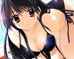  all_fours bikini black_bikini black_hair blush breasts brown_eyes cleavage close-up dutch_angle hatsushiba_riko kadoi_aya large_breasts long_hair looking_at_viewer pool poolside shiny shiny_clothes side-tie_bikini smile solo swimsuit tamatama 