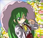  alternate_hairstyle artist_request ascot checkered checkered_skirt field flower flower_field green_eyes green_hair kazami_yuuka kazami_yuuka_(pc-98) long_hair parasol skirt skirt_set smirk solo touhou touhou_(pc-98) umbrella vest 