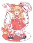  blush bow cherry_blossoms closed_eyes cosplay flower frilled_skirt frills gohei hair_bow hakurei_reimu hakurei_reimu_(cosplay) happy heart horns ibuki_suika outstretched_arms skirt skirt_set smile solo spread_arms standing tm touhou wide_sleeves yin_yang 