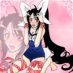  animal_ears artist_request beatmania black_hair bunny_ears dj_sakura name_tag one-piece_swimsuit red_eyes ribbon school_swimsuit solo swimsuit 