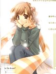  brown_hair copyright_request curly_hair denim hair_bobbles hair_ornament highres jeans looking_at_viewer maki_chitose pants scan scarf sitting solo striped striped_scarf sweater thinking 
