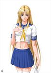  blonde_hair blue_eyes crescent crescent_hair_ornament crop_top hair_ornament long_hair midriff navel school_uniform sharon_(words_worth) solo takatan very_long_hair words_worth 