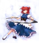  ;) apron blue_dress blush dress full_body geta looking_at_viewer mizumoto_tadashi okobo one_eye_closed onozuka_komachi puffy_short_sleeves puffy_sleeves red_eyes red_hair sash scythe short_hair short_sleeves smile socks solo tabi touhou waist_apron white_legwear 