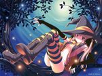  artist_request blonde_hair boots brown_eyes copyright_request elbow_gloves gloves highres moon open_clothes open_shirt panties shirt solo striped striped_legwear thighhighs twintails underwear witch 