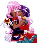  90s aiguillette artist_request dress glasses himemiya_anthy hug multiple_girls official_art pink_hair shoujo_kakumei_utena tenjou_utena white_background yuri 