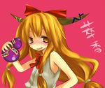  bangs blush bow character_name drunk gourd hair_bow horns ibuki_suika long_hair looking_at_viewer orange_eyes orange_hair red_bow sakusakumonoka shirt simple_background sleeveless solo touhou upper_body very_long_hair white_shirt 