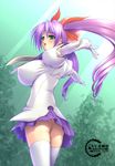 ass blue_skirt breasts cave covered_nipples elbow_gloves gloves green_eyes gunner-l huge_breasts long_hair looking_back mushihime-sama no_panties purple_hair reco skirt thighhighs twintails 