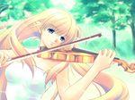  bare_shoulders blonde_hair blue_eyes copyright_request elf forest instrument letterboxed long_hair nature pointy_ears solo tama_two_(fukuya) violin 