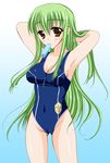 bangs c.c. cameltoe code_geass food green_hair ice_cream kisaraki_kanata long_hair one-piece_swimsuit solo swimsuit 